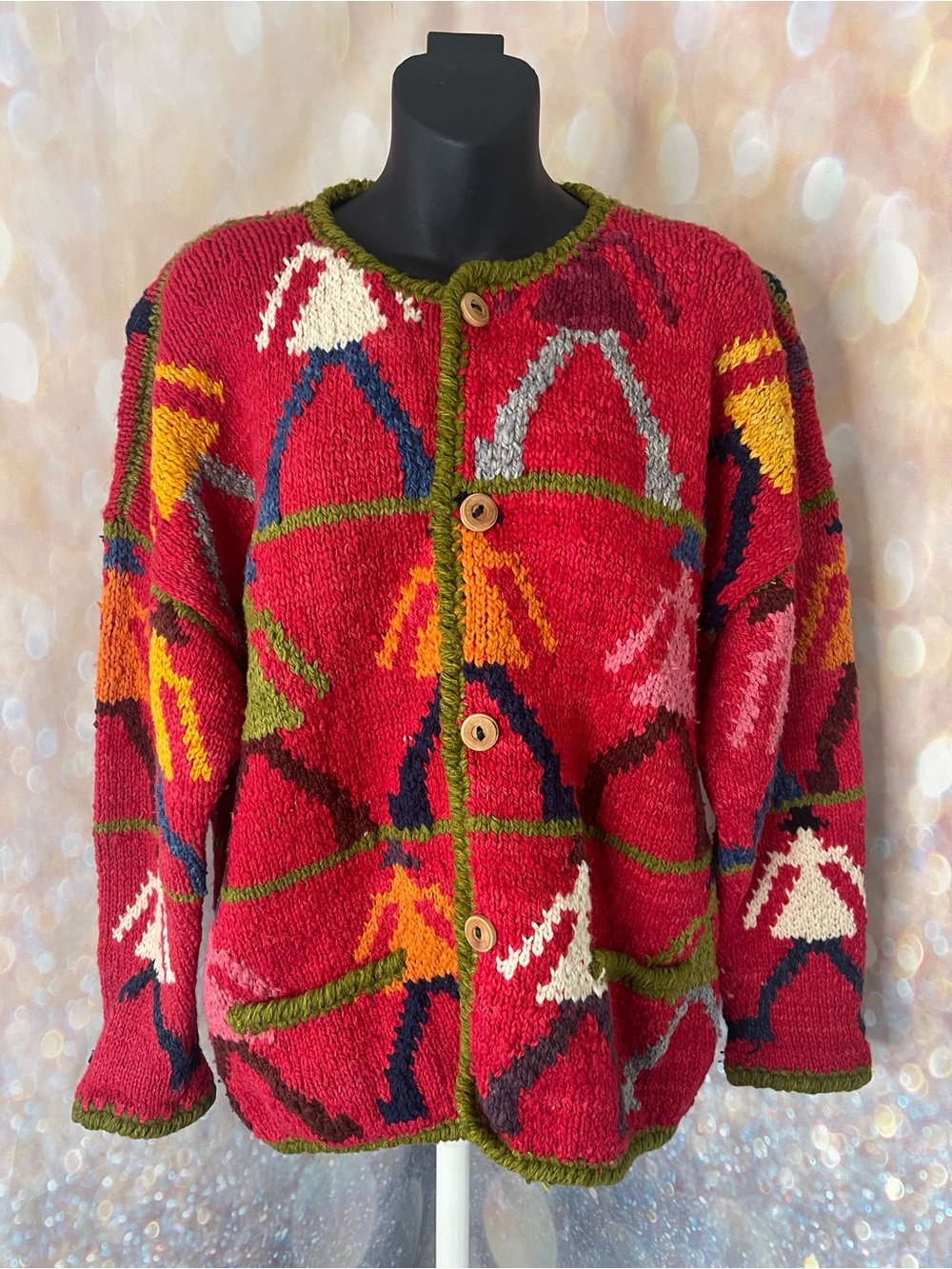 Toshy Made in Bolivia 100% Wool Cardigan Sweater OS  Vintage 90’s